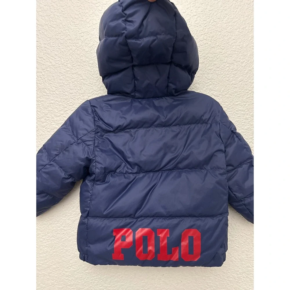 Ralph Lauren Navy Blue Down Puffer Hooded Jacket Size 12 Months Packable Bag